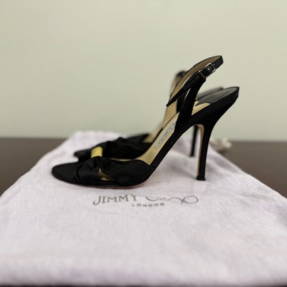 JImmy Choo Black Satin with Gold Wrapped Box Open Toe Heels - Picture 3 of 5
